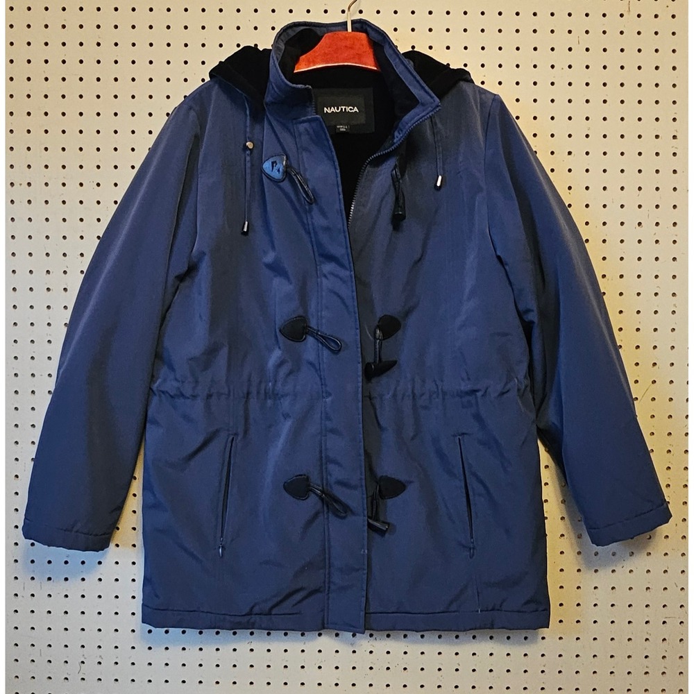 Nautica Womens Navy Blue Hooded Toggle Coat Jacket Size L Detachable Hood